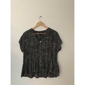 Whistles Spotted Check Peplum Top Sz 6 V-Neck Black Cream Flowy Cute NWT Buttons